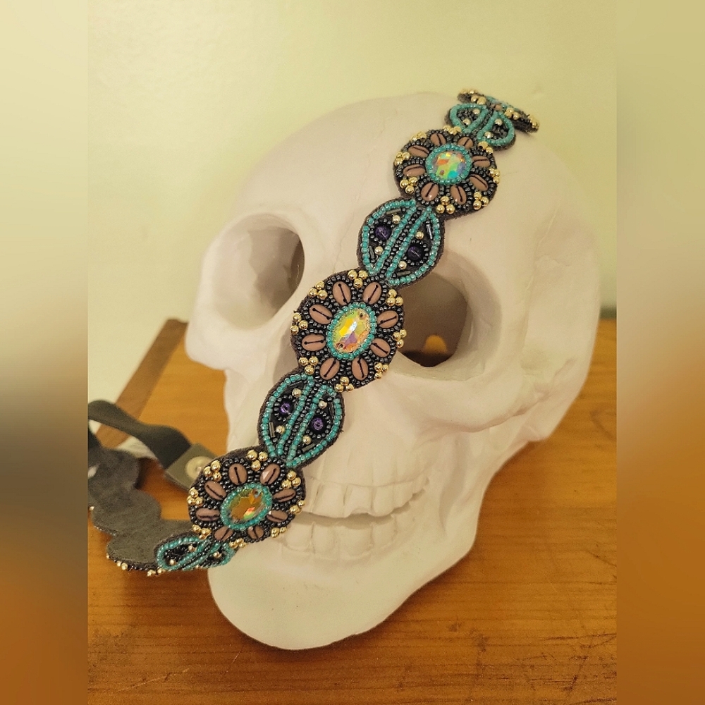 Altar'd State Teal and Grey Beaded Stretchy Waist Belt, Size S